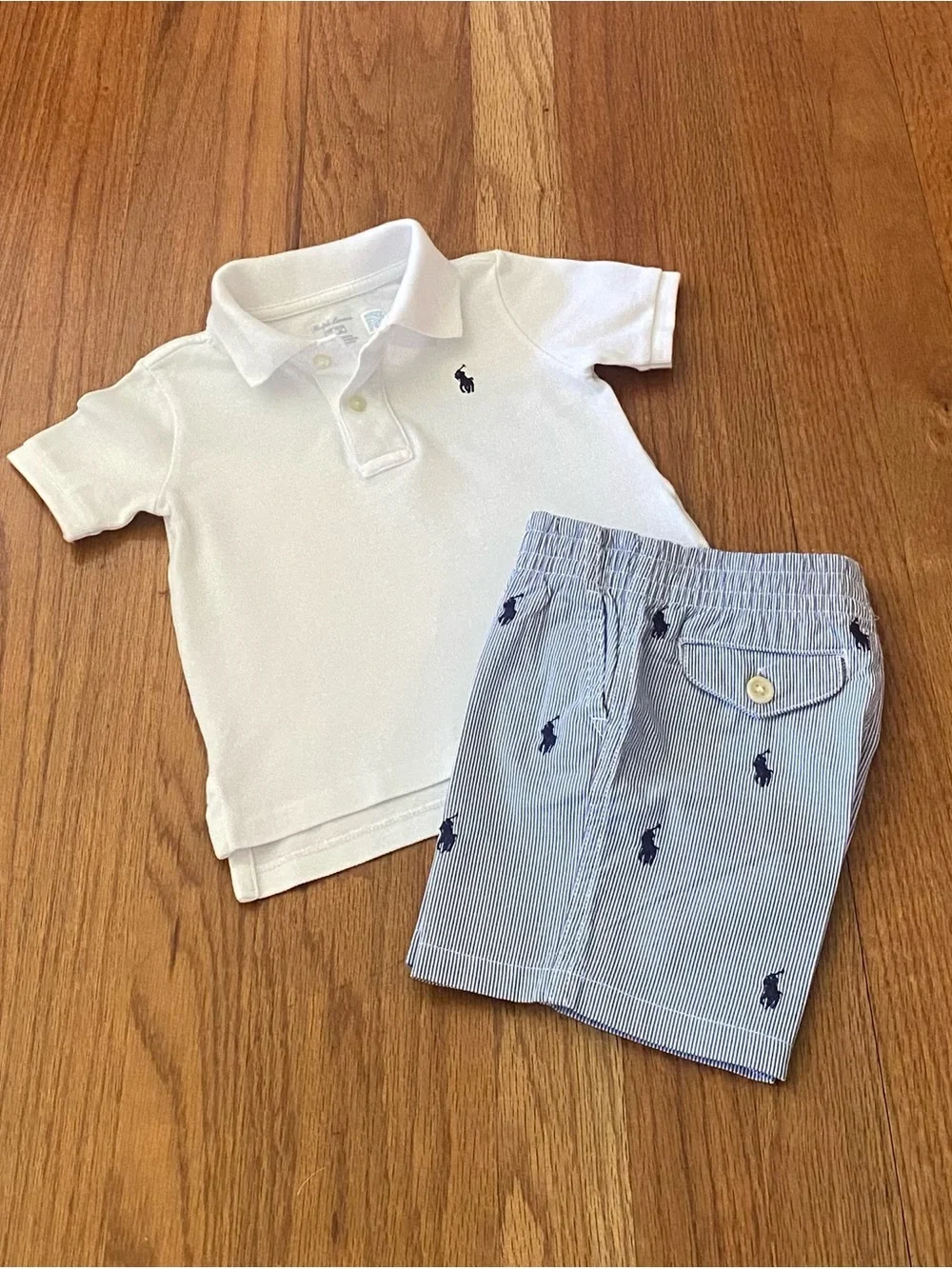 Ralph Lauren White Polo Shirt with Blue Stripe Embroidered Pony’s Shorts Set